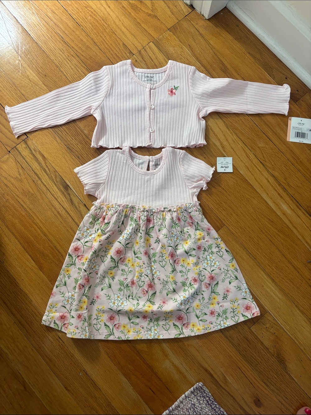 Little Me Pale Pink Ribbed Dress with Floral Skirt & Matching Cardigan